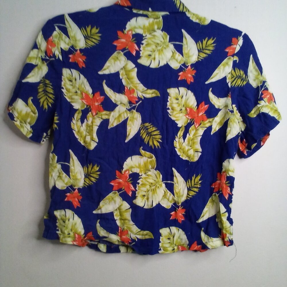 Forever 21 Shirt Women S Button Up Short Sleeve Tropical Hawaiian Blue Yellow - Picture 11 of 15